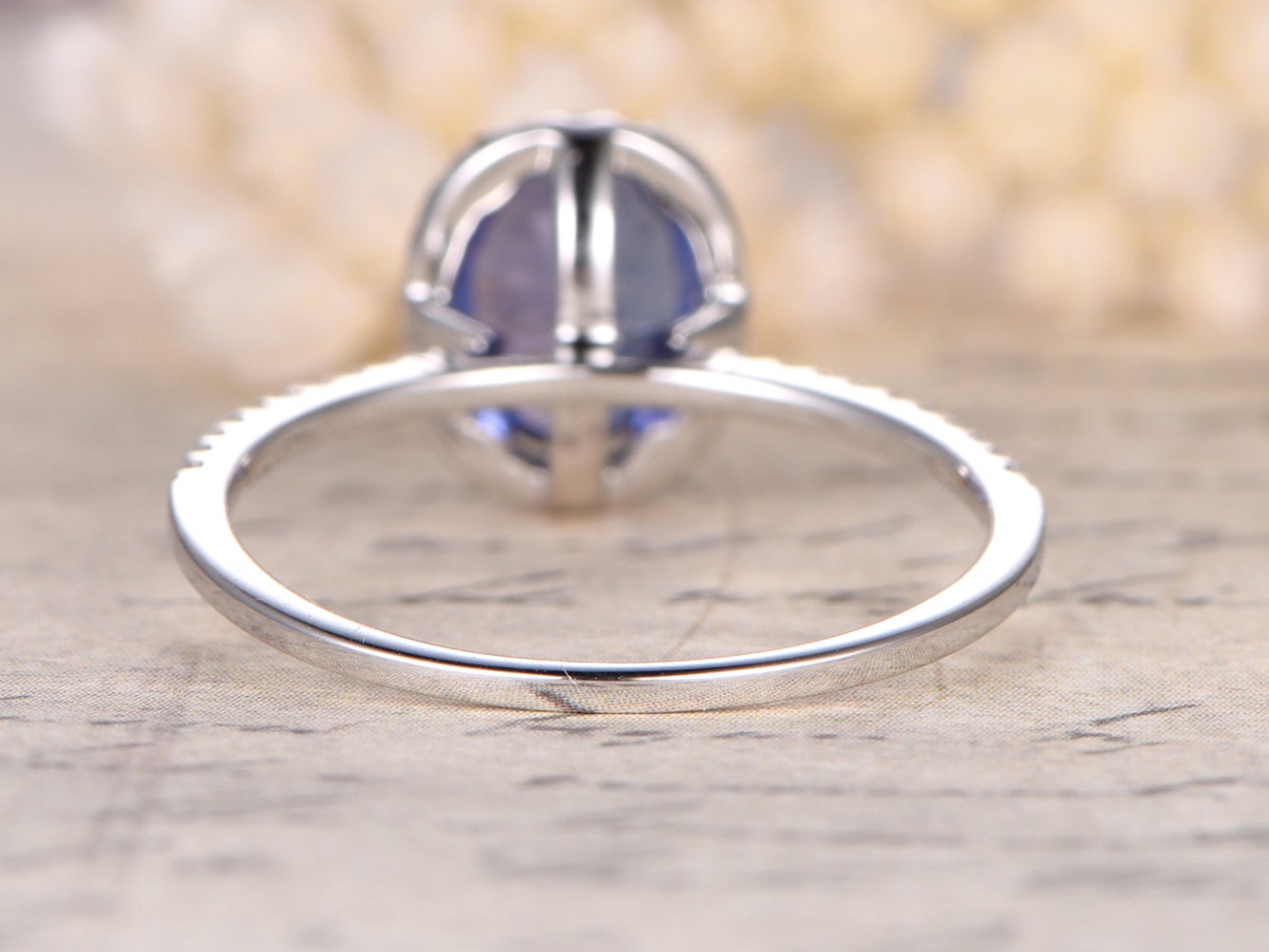 6x8mm Oval Cut Tanzanite Engagement Ring 14K White Gold Diamond Halo Half Eternity