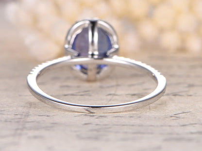 6x8mm Oval Cut Tanzanite Engagement Ring 14K White Gold Diamond Halo Half Eternity