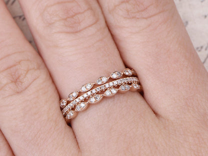 Alliance en diamant, demi-alliance sertie clos, bague de fiançailles, ensemble de 3 bagues de mariage, style Art déco, or rose 14 carats, bague marquise, finition milgrain