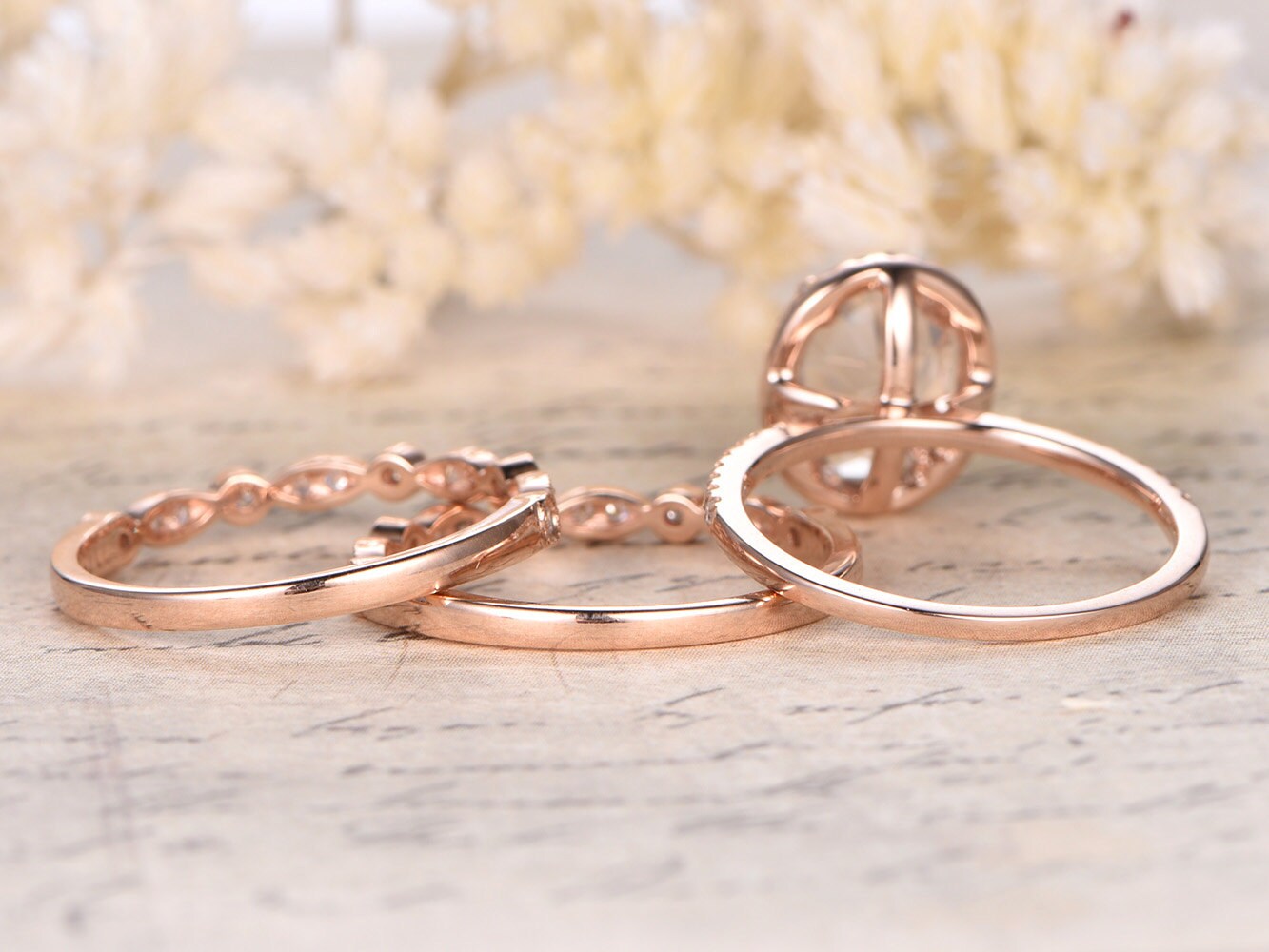 7x9mm-oval-cut-morganite-engagement-ring-set-3pcs-14k-rose-gold-diamond-halo-half-eternity-two-art-deco-matching-band