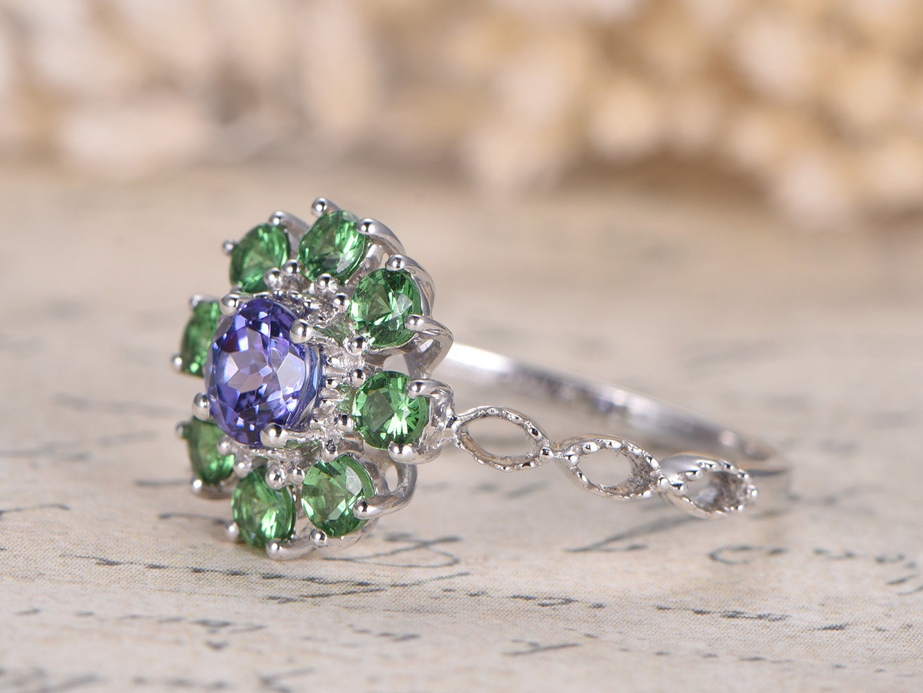 5mm Round Cut Tanzanite Engagement Ring 14K White Gold Tsavorite Halo Design