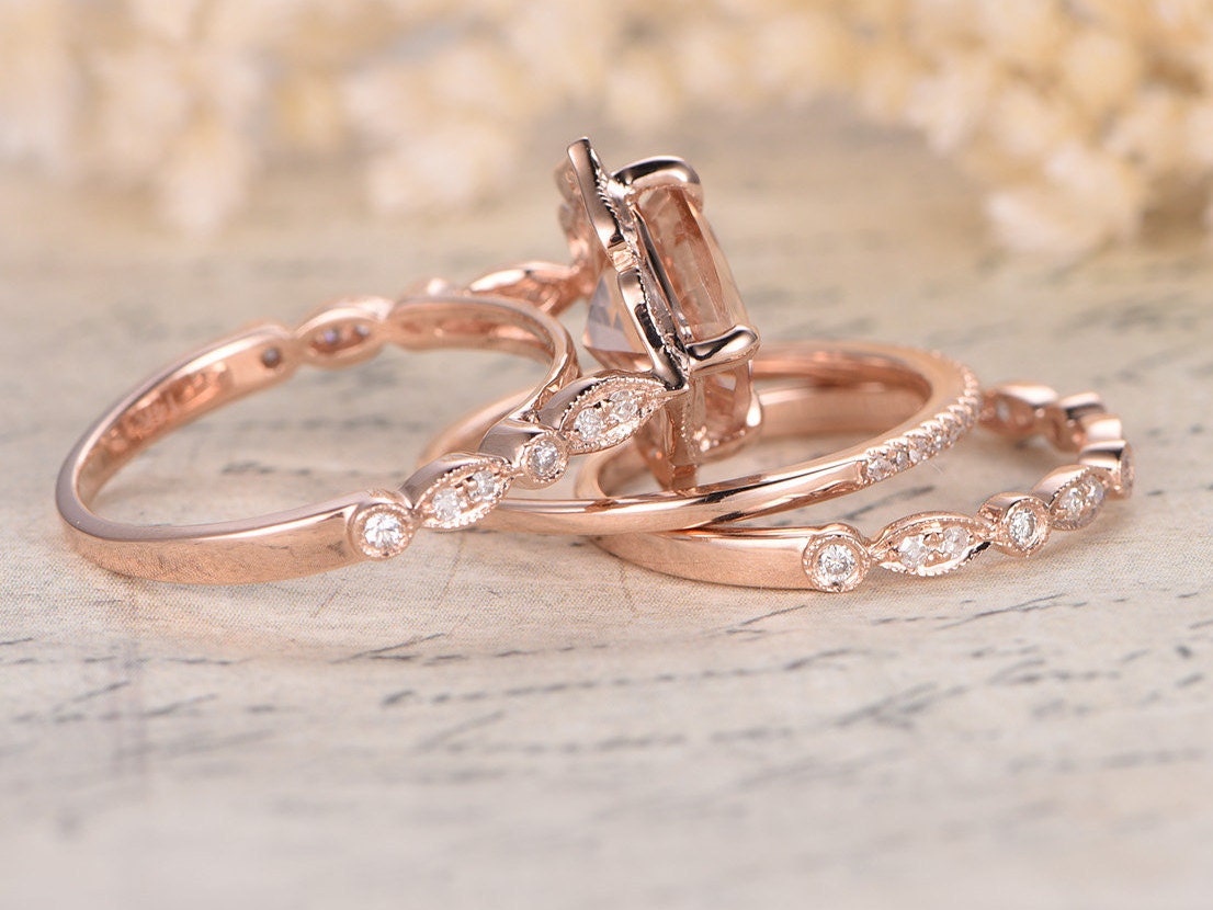 8mm-cushion-cut-morganite-engagement-ring-set-3pcs-solid-14k-rose-gold-halo-diamond-band-1-thin-band-1-art-deco-band