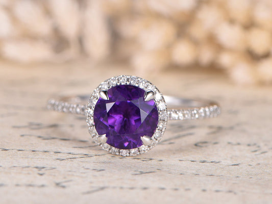 Bague de fiançailles en or blanc 14 carats massif avec améthyste taille ronde de 1 carat, alliance en diamants, bague de demande en mariage, bague d'anniversaire, bague femme en améthyste violette