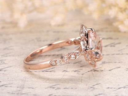 Bague de fiançailles en or rose 14 carats sertie de diamants pavés, alliance en morganite rose taille coussin de 8 mm, bague de mariée, bague de promesse