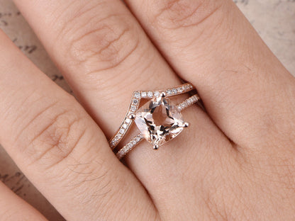 Ensemble de bagues en morganite 8 mm, or rose et diamants : alliance, bague de fiançailles, solitaire, bague de demande en mariage (2 pièces).