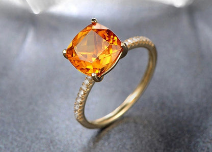 7mm Cushion Cut Citrine Engagement Ring 14K Yellow Gold Solitaire Diamond Half Eternity