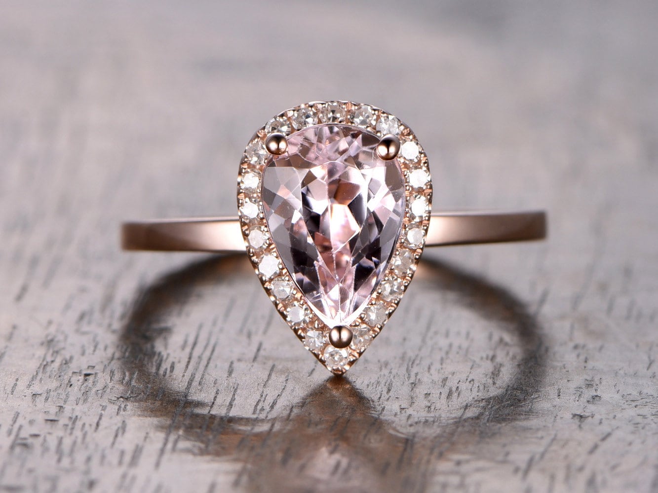 Bague en morganite rose, anneau simple en or rose, bague de mariage avec halo de diamants, bague de fiançailles en morganite taille poire 6x9mm, bague de mariage en morganite en forme de larme