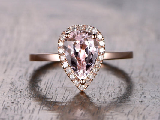 Bague en morganite rose, anneau simple en or rose, bague de mariage avec halo de diamants, bague de fiançailles en morganite taille poire 6x9mm, bague de mariage en morganite en forme de larme