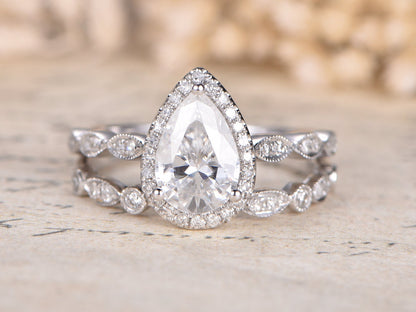 Bague de fiançailles en or blanc 14 carats avec moissanite en forme de poire, diamant taille marquise 6x9 mm, pureté VVS, ensemble de 2 bagues de fiançailles.