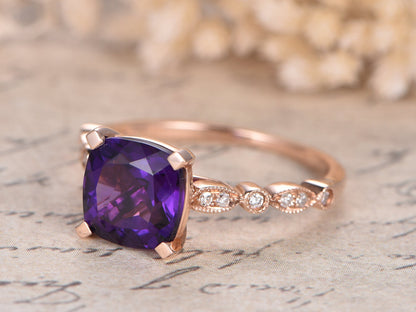 8mm Cushion Cut Amethyst Engagement Ring 14K Rose Gold Solitaire Art Deco Design