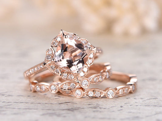Bague de fiançailles en morganite rose taille coussin 6,5 mm, alliances et deux diamants, le tout en or rose massif 14 carats, cadeau idéal pour la Saint-Valentin.