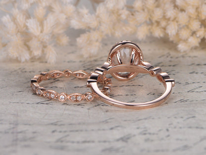 7x9mm Oval Cut Morganite Engagement Ring Set 2pcs 14K Rose Gold Diamond Halo | Full Eternity Art Deco Matching Band