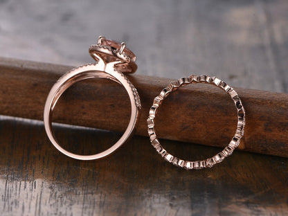 8x10mm-oval-cut-morganite-engagement-set-2pcs-14k-rose-gold-split-shank-halo-diamond-art-deco-matching-band