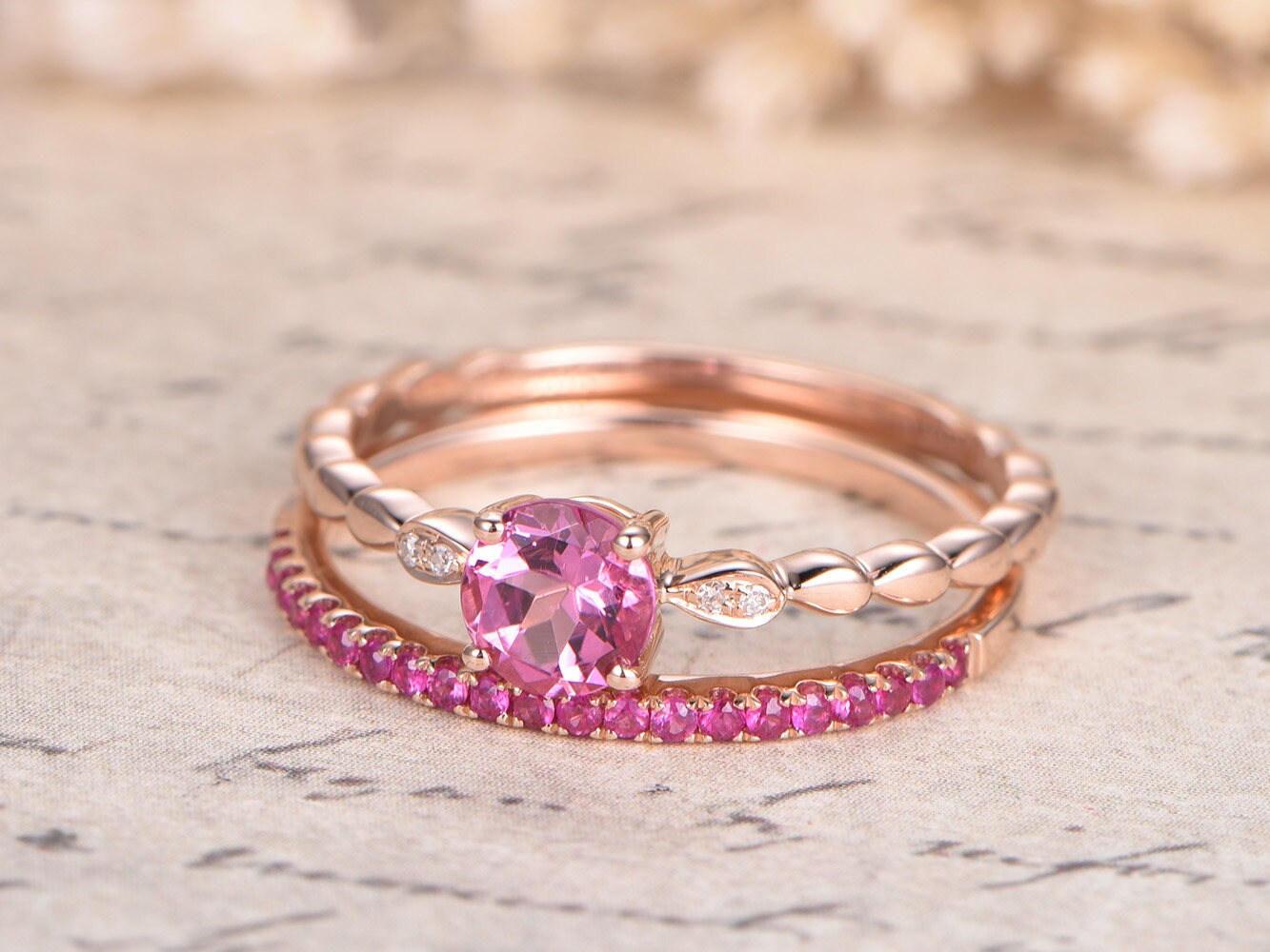 5mm-round-cut-pink-tourmaline-engagement-ring-set-2pcs-14k-rose-gold-diamond-accent-ruby-thin-matching-band