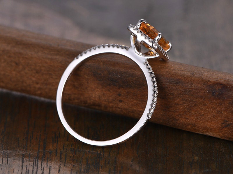 6x8mm Emerald Cut Citrine Engagement Ring 14K White gold Diamond Halo Half Eternity