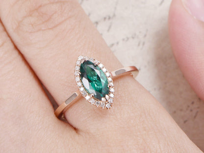 Bague de fiançailles en or rose massif 14 carats, anneau simple, bague de promesse pour femme, bague de mariage avec diamant, bague émeraude 5x10 mm, bague de fiançailles marquise