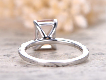 Bague en or blanc et morganite, bague de fiançailles en morganite, alliance en or blanc pour femme, bague de fiançailles taille émeraude 6 x 8 mm, or massif 14 carats