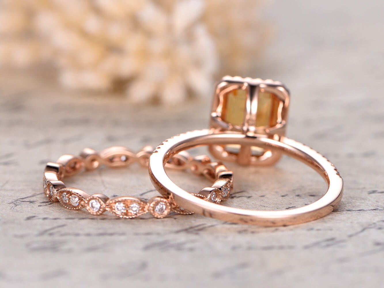 6x8mm Emerald Cut Citrine Engagement Ring Set 2pcs 14K Rose Gold Diamond Halo Art Deco | Thin Matching Band