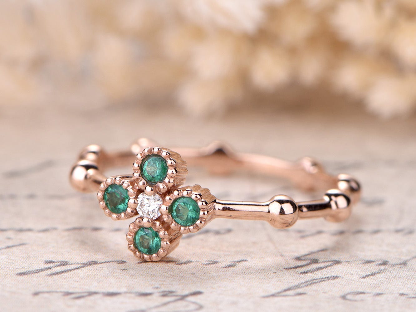 Bague de fiançailles en émeraude, alliance en or rose massif 14 carats avec diamants, bague en bambou, bague de fiançailles Art déco à motif floral, bague de promesse