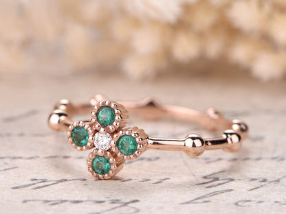Bague de fiançailles en émeraude, alliance en or rose massif 14 carats avec diamants, bague en bambou, bague de fiançailles Art déco à motif floral, bague de promesse