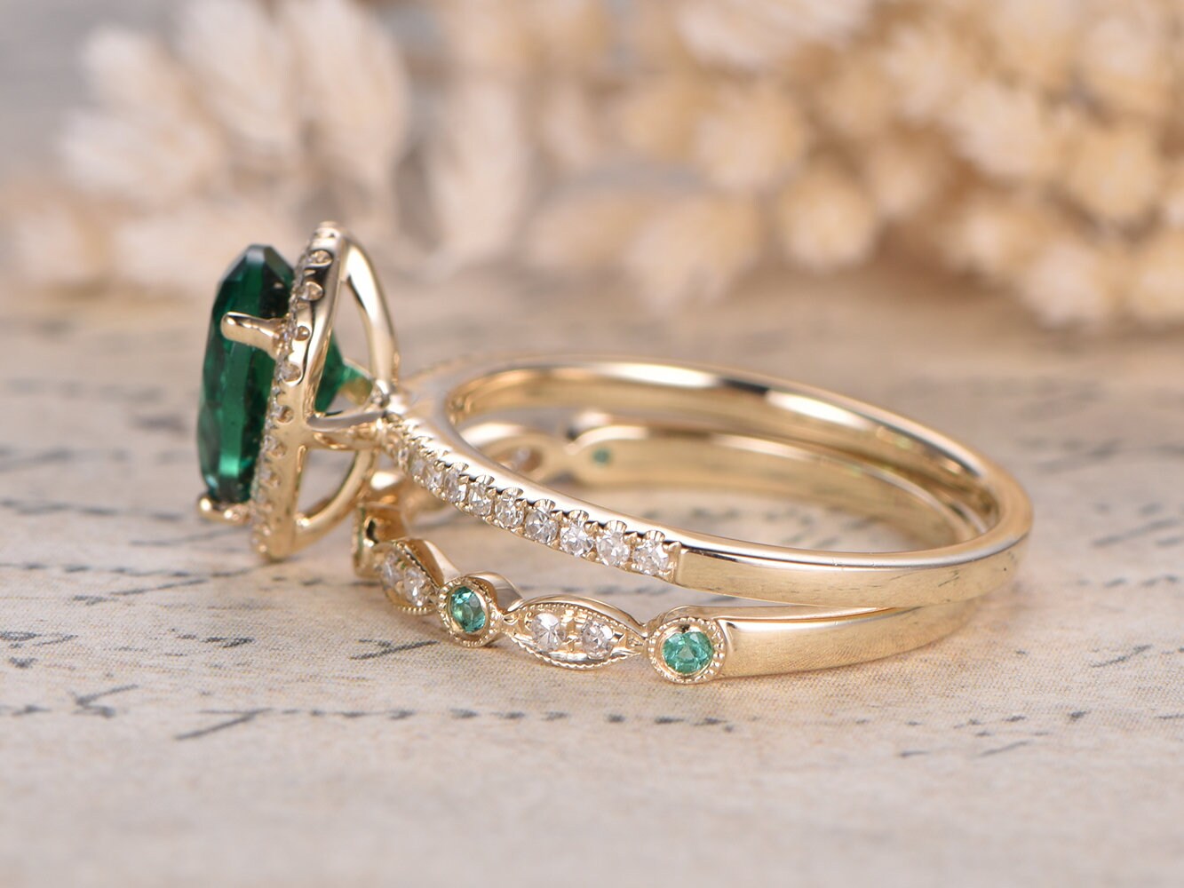 6x8mm-pear-cut-emerald-engagement-ring-set-2pcs-14k-yellow-gold-diamond-halo-half-eternity-art-deco-matching-band