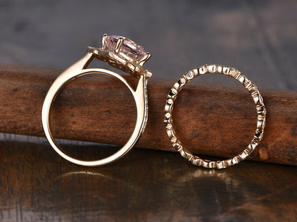 8mm Cushion Cut Moganite Engagement Ring Set 2pcs 14K Yellow Gold Diamond Halo | Art Deco Full Eternity Matching Band