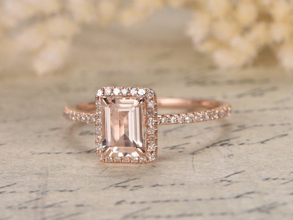 Bague de fiançailles Deco Morganite, alliance en or rose et diamants, bague morganite taille émeraude 6x8mm, bague femme diamant demi-alliance