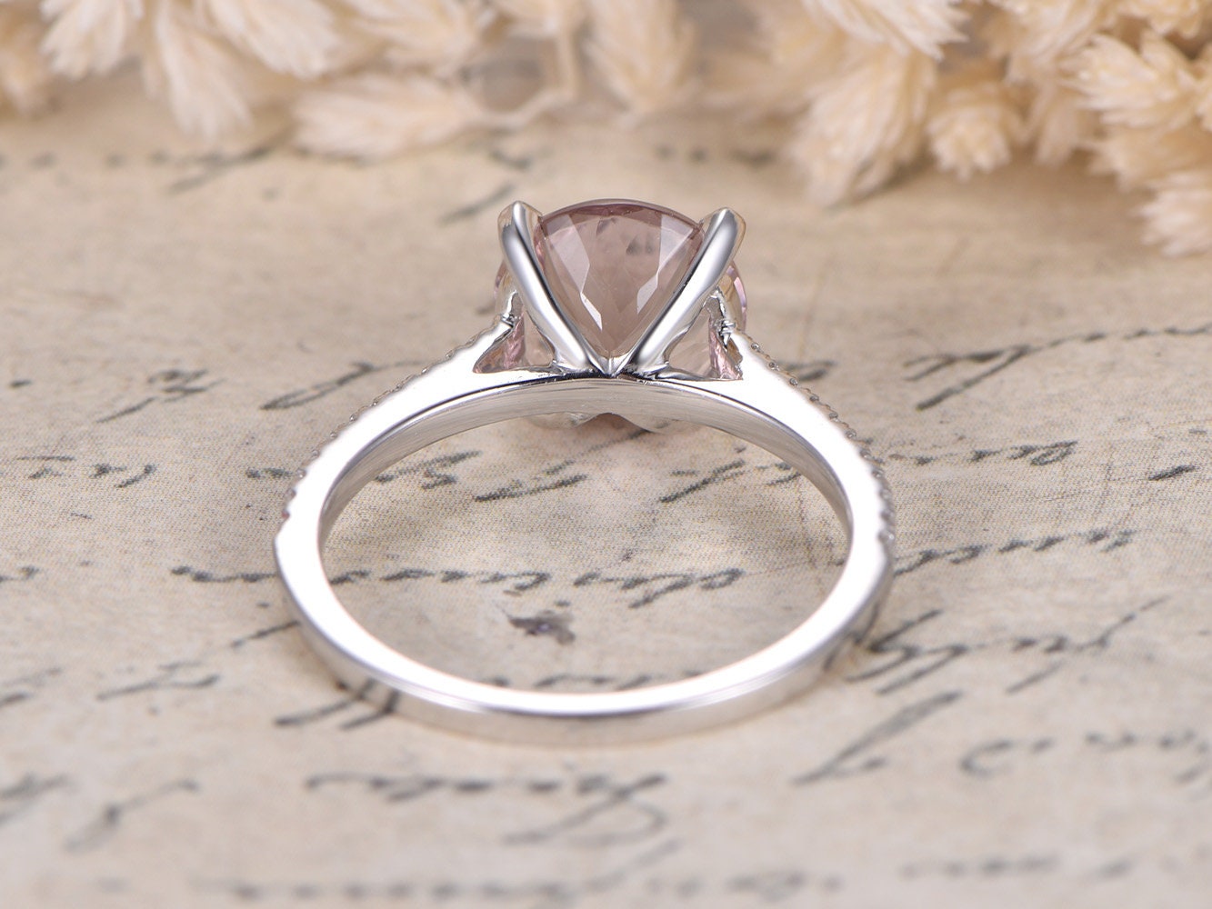 Bague de fiançailles en morganite, alliance en or blanc 14 carats, diamants, solitaire 8 mm, cadeau d'anniversaire pour femme.