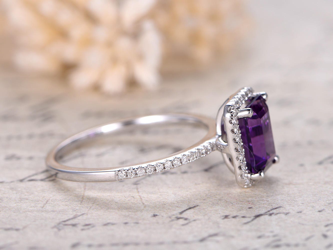 6x8-emerald-cut-amethyst-engagement-ring-14k-white-gold-diamond-band-half-eternity-vintage-halo-design