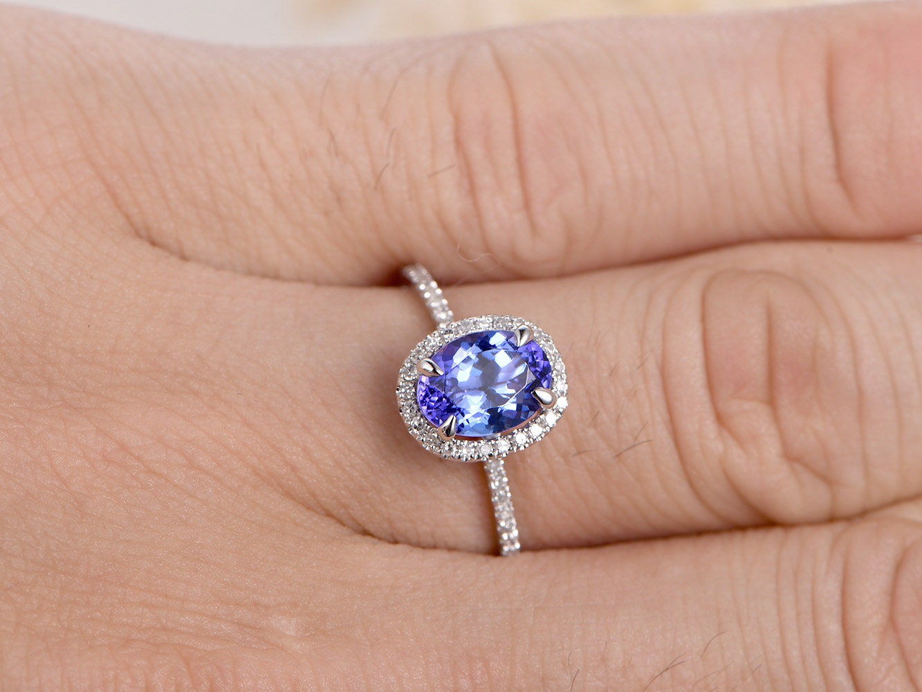 6x8mm Oval Cut Tanzanite Engagement Ring 14K White Gold Diamond Halo Half Eternity