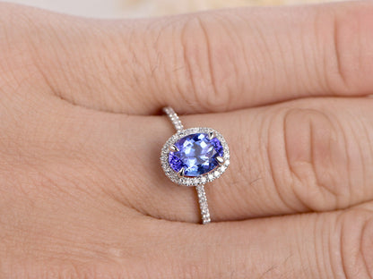 6x8mm Oval Cut Tanzanite Engagement Ring 14K White Gold Diamond Halo Half Eternity