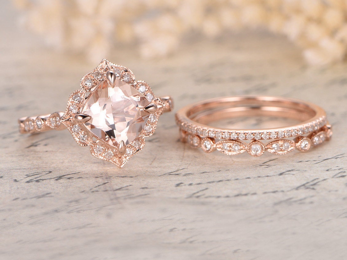 8mm-cushion-cut-morganite-engagement-ring-set-3pcs-solid-14k-rose-gold-halo-diamond-band-1-thin-band-1-art-deco-band