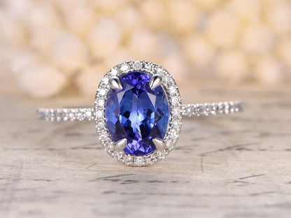 6x8mm Oval Cut Tanzanite Engagement Ring 14K White Gold Diamond Halo Half Eternity