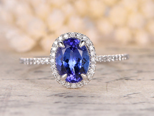 6x8mm Oval Cut Tanzanite Engagement Ring 14K White Gold Diamond Halo Half Eternity