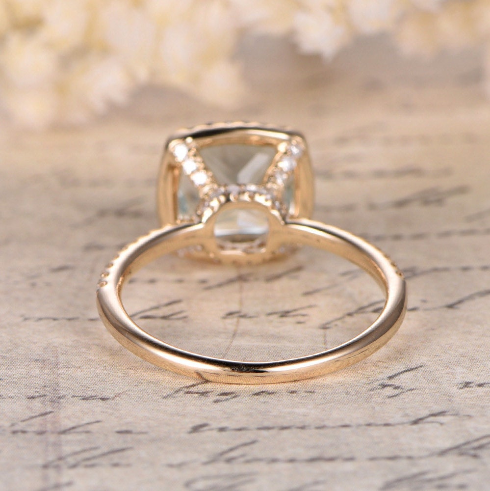 8mm Cushion Cut White Topaz Engagement Ring 14K Yellow Gold Diamond Halo