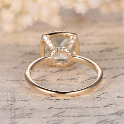 8mm Cushion Cut White Topaz Engagement Ring 14K Yellow Gold Diamond Halo