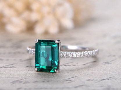 Bague de fiançailles en or blanc 14 carats avec émeraude 6x8 mm, pierre de naissance de mai, bague de mariée, alliance sertie de diamants, bague de promesse unique