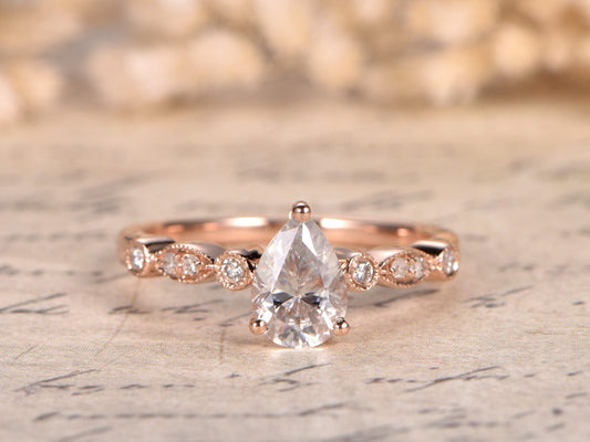 Bague de fiançailles unique en moissanite poire, or rose 14 carats, 1 carat, alliance en diamants, bague en diamant marquise taille poire 5x7, bijoutier