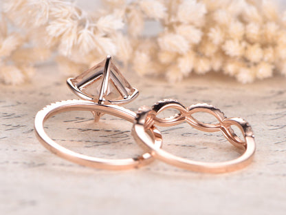 Bague en morganite naturelle VS, or rose, diamants, alliance, anneau fendu, bague de fiançailles solitaire en morganite de 8 mm, demi-alliance.