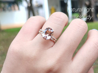 Bague de fiançailles ovale en morganite 9x11mm, bague en or rose avec morganite et diamants, alliance, bague de demande en mariage, bague d'anniversaire, cadeau pour elle