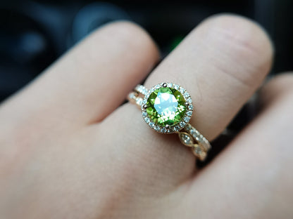7mm Round Cut Peridot Engagement Ring Set 2pcs Diamond Halo | Diamond Art Deco Matching Band