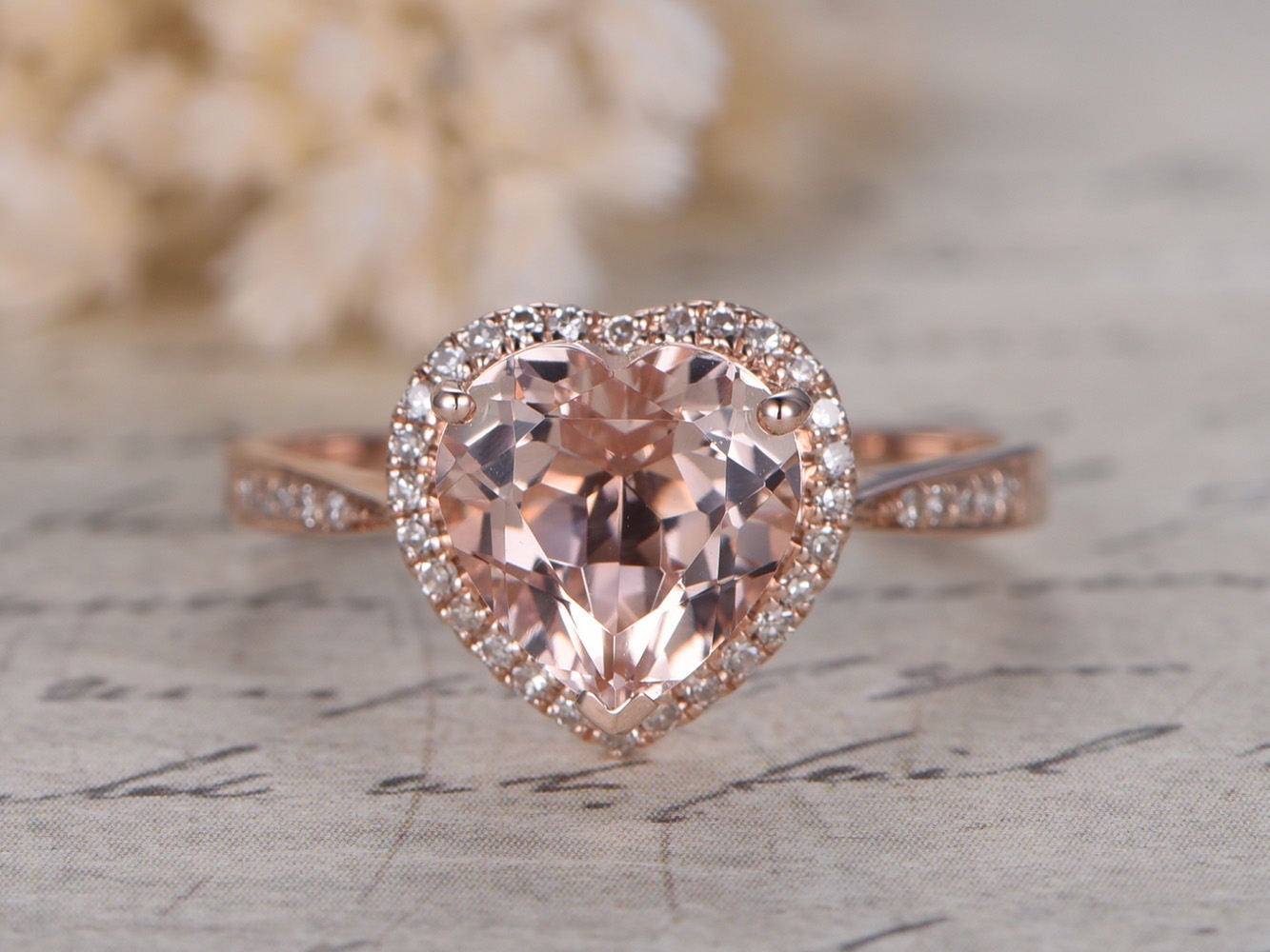 8mm Heart Cut Morganite Engagement Ring 14K Rose Gold Diamond Halo Half Eternity