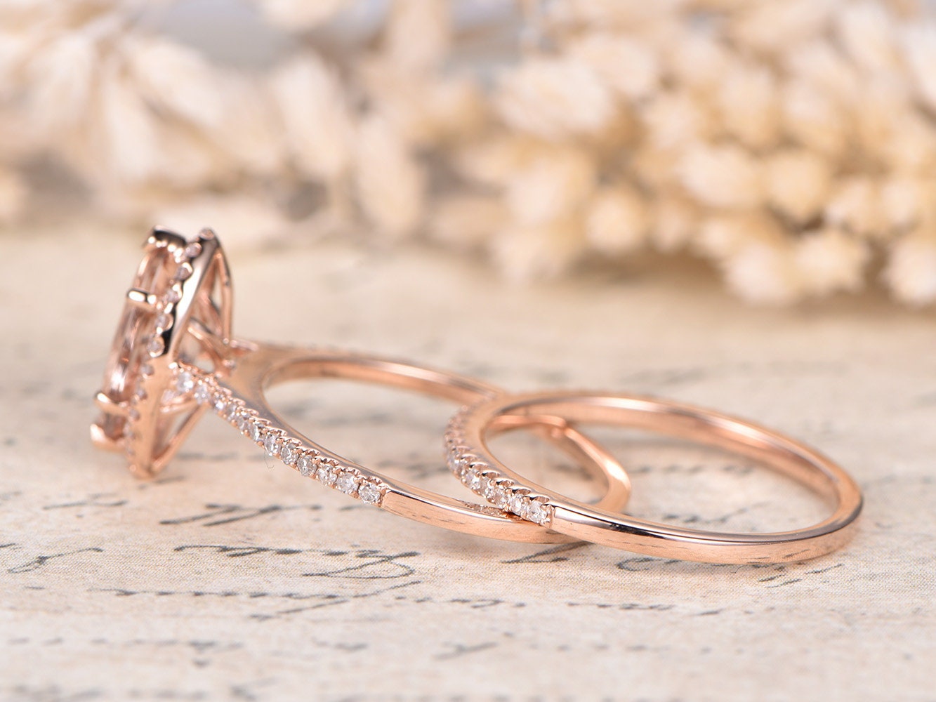 5x10mm Marquise Cut Morganite Engagement Ring Set 2pcs Diamond Halo | Thin Matching Band