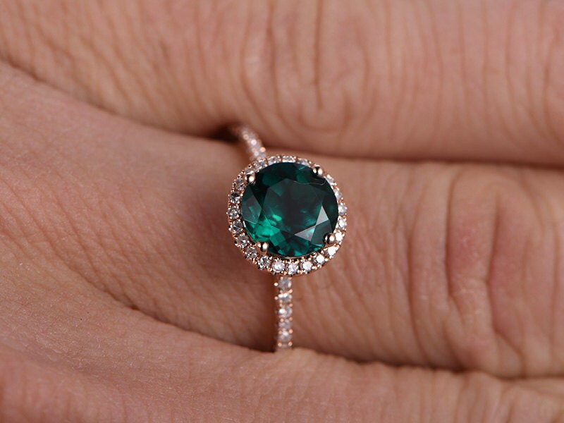 7mm Round Emerald Engagement Ring 14K Rose Gold Emerald Ring May Birthstone Ring Emerald Diamond Halo Ring