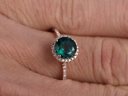 7mm Round Emerald Engagement Ring 14K Rose Gold Emerald Ring May Birthstone Ring Emerald Diamond Halo Ring
