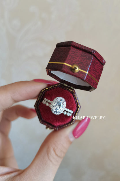 Ensemble de bagues de fiançailles en moissanite ovale, or blanc, alliance en moissanite 6x8 mm, bague de mariage en diamant, bagues en moissanite, ensemble de 2 bagues vintage