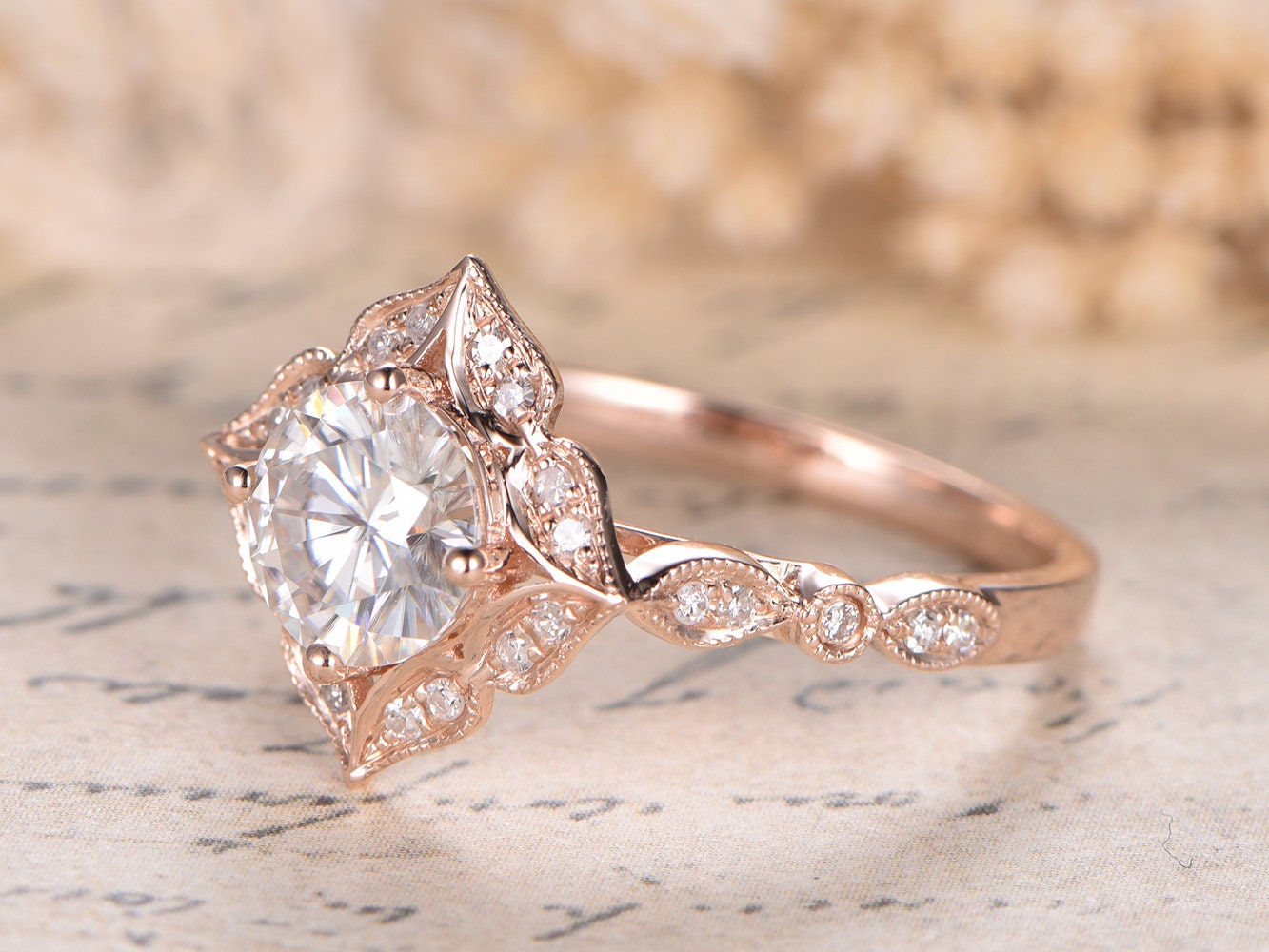 Bague en or rose 14 carats avec moissanite VVS, bague de fiançailles en moissanite, alliance en diamant, bagues de mariage, bague marquise Art déco, bagues pour femmes