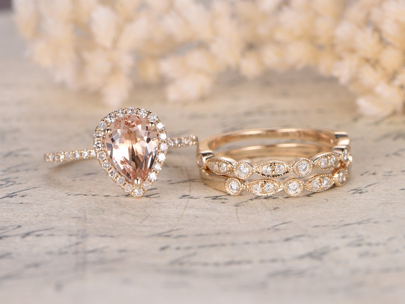 6x8mm Pear Cut Morganite Engagement Ring Set 3pcs 14K Yellow Gold Diamond Halo | Two Art Deco Matching Band