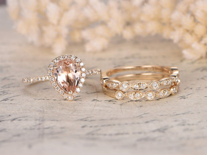 6x8mm Pear Cut Morganite Engagement Ring Set 3pcs 14K Yellow Gold Diamond Halo | Two Art Deco Matching Band