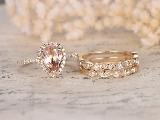 6x8mm Pear Cut Morganite Engagement Ring Set 3pcs 14K Yellow Gold Diamond Halo | Two Art Deco Matching Band